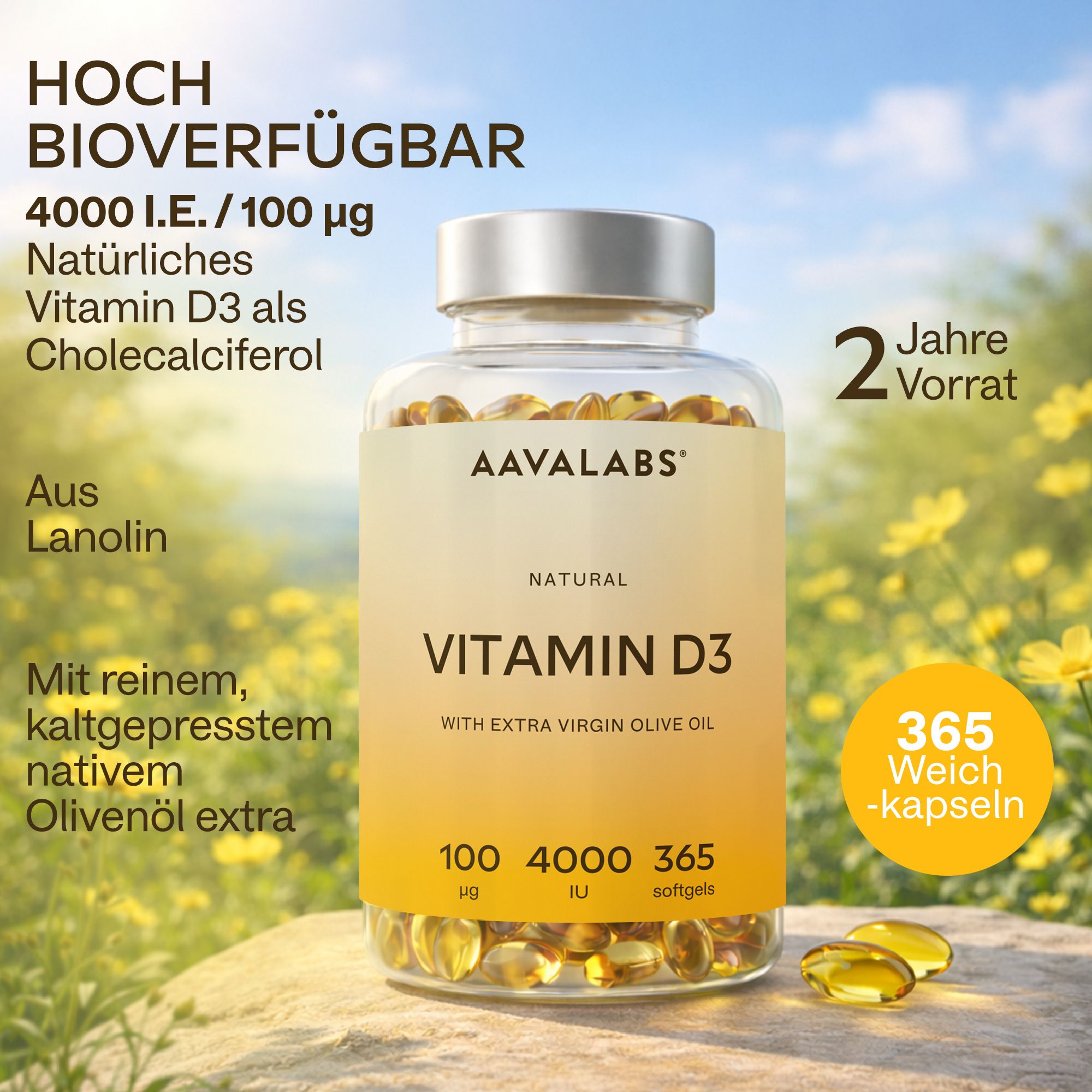 Flasche mit Vitamin D3. Text: 4000 I.E., 365 Weichkapseln. Natürliches Vitamin D3 aus Lanolin.