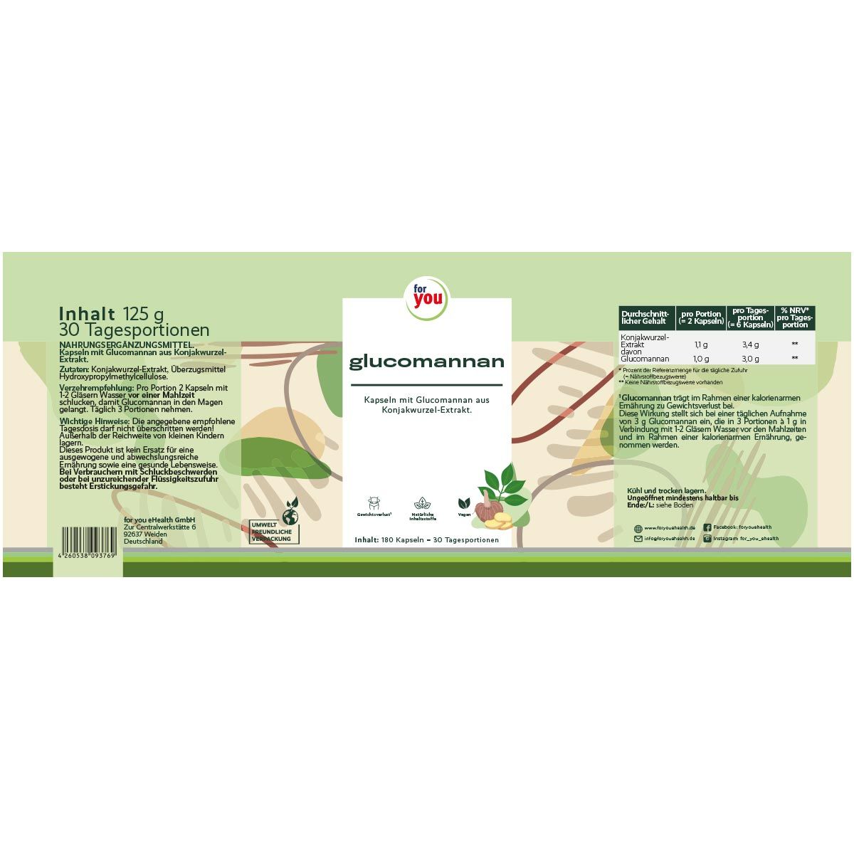 Langgestreckte Verpackung mit "for you Glucomannan". Produktname, Inhaltsangaben und Nährwerttabelle. Grün-weißes Design.