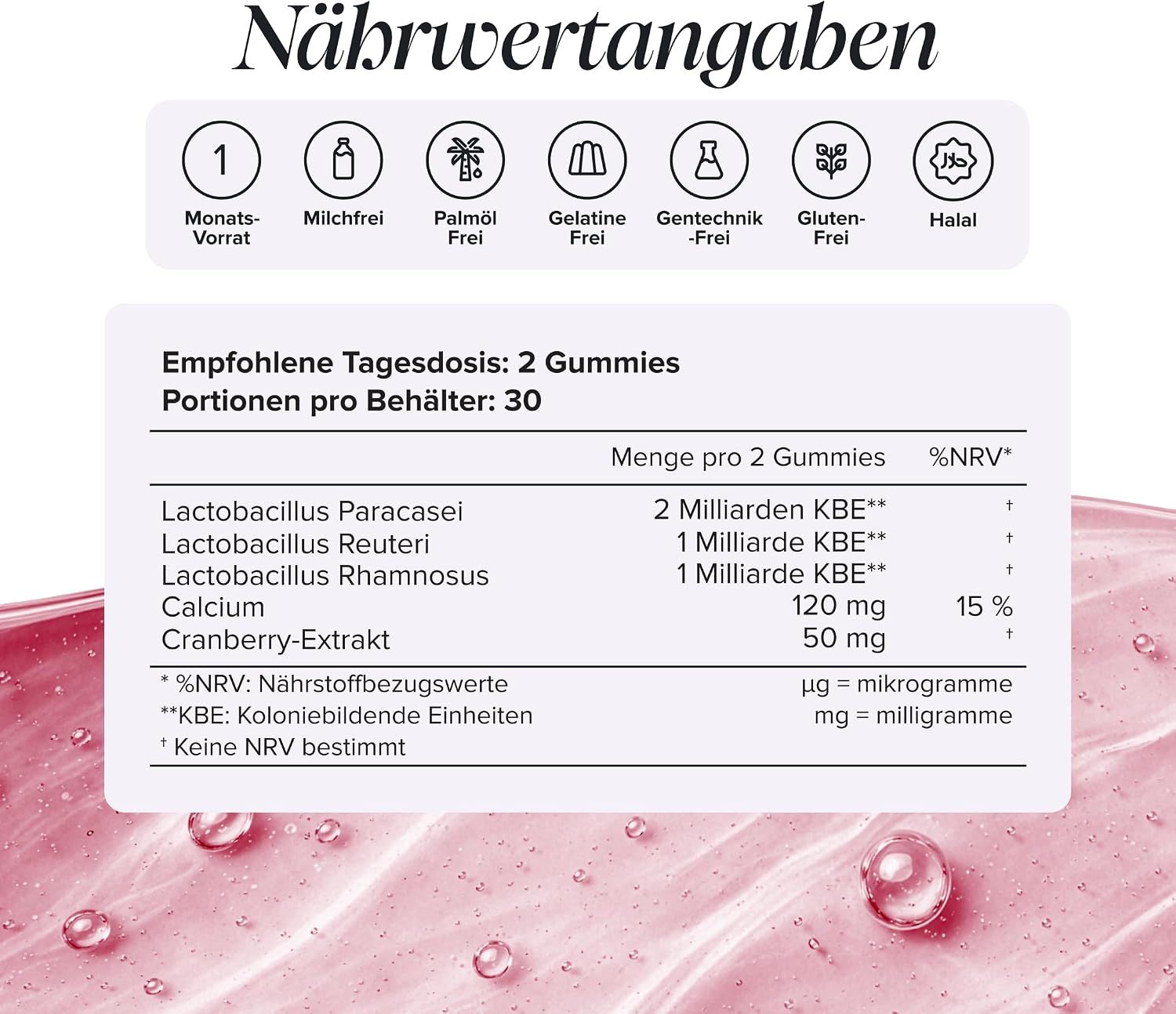 Nährwertangaben für Gummibärchen: Enthält 6 Stämme von Lactobacillus und Bifidobacterium, 7 Milliarden KBE pro Portion.