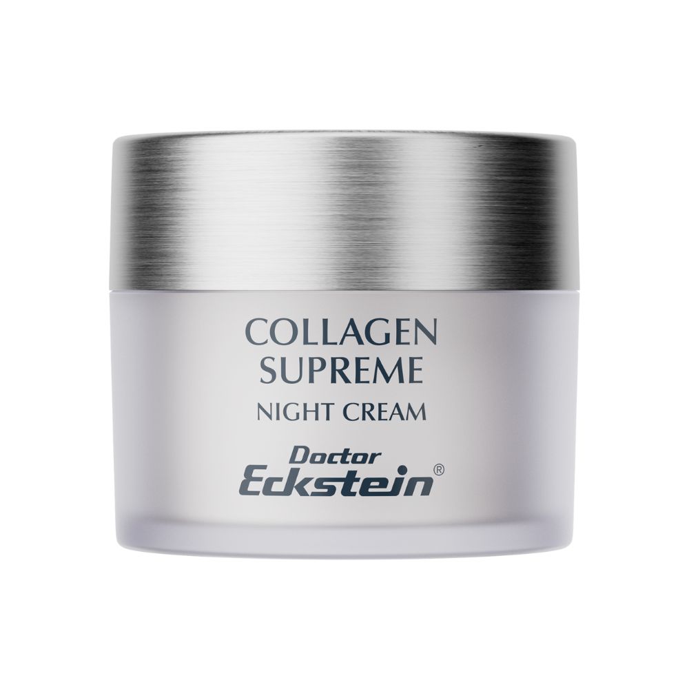 Creme-Tiegel mit silberfarbenem Deckel. Aufschrift: Collagen Supreme Night Cream, Doctor Eckstein.