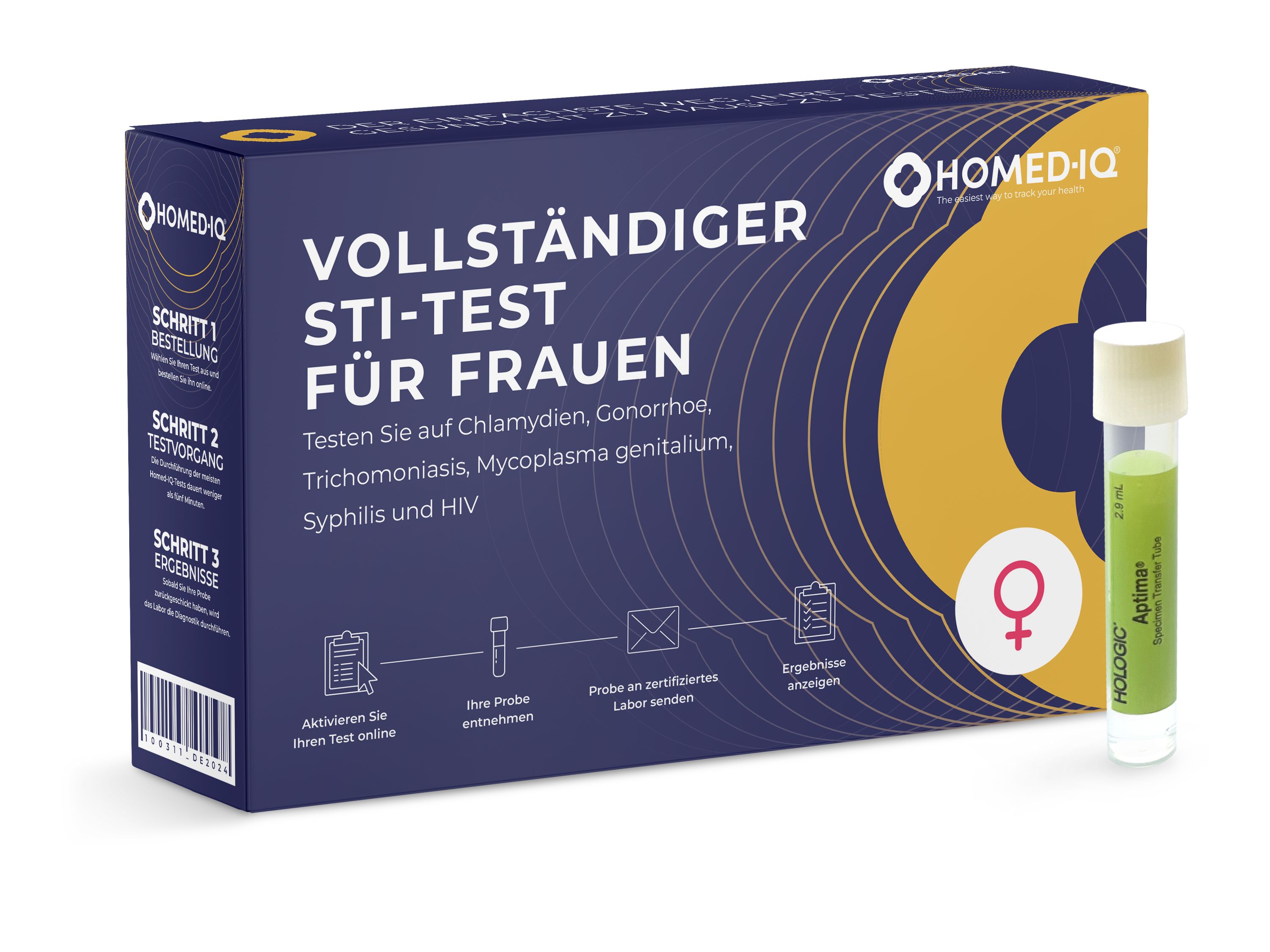Blau-gelbe Verpackung mit Aufschrift "VOLLSTÄNDIGER STI-TEST FÜR FRAUEN". Enthält Teströhrchen mit Flüssigkeit und weiblichem Symbol.