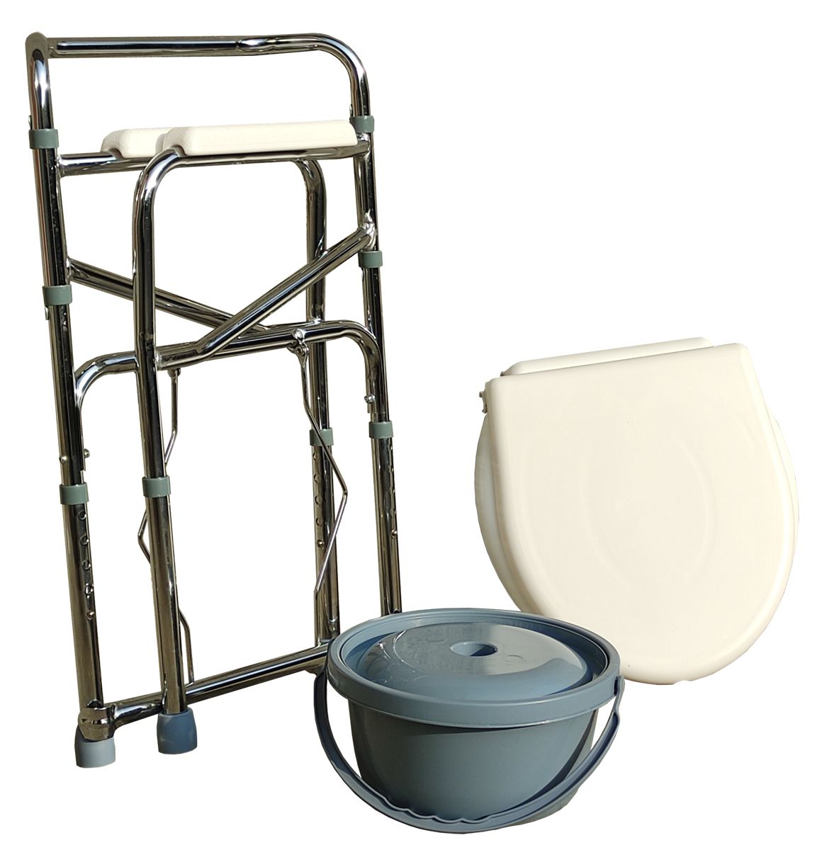 Zusammengeklappter Toilettensitz, weißer Sitz, Eimer mit Deckel. Silberfarbenes Gestell. Einzelteile.