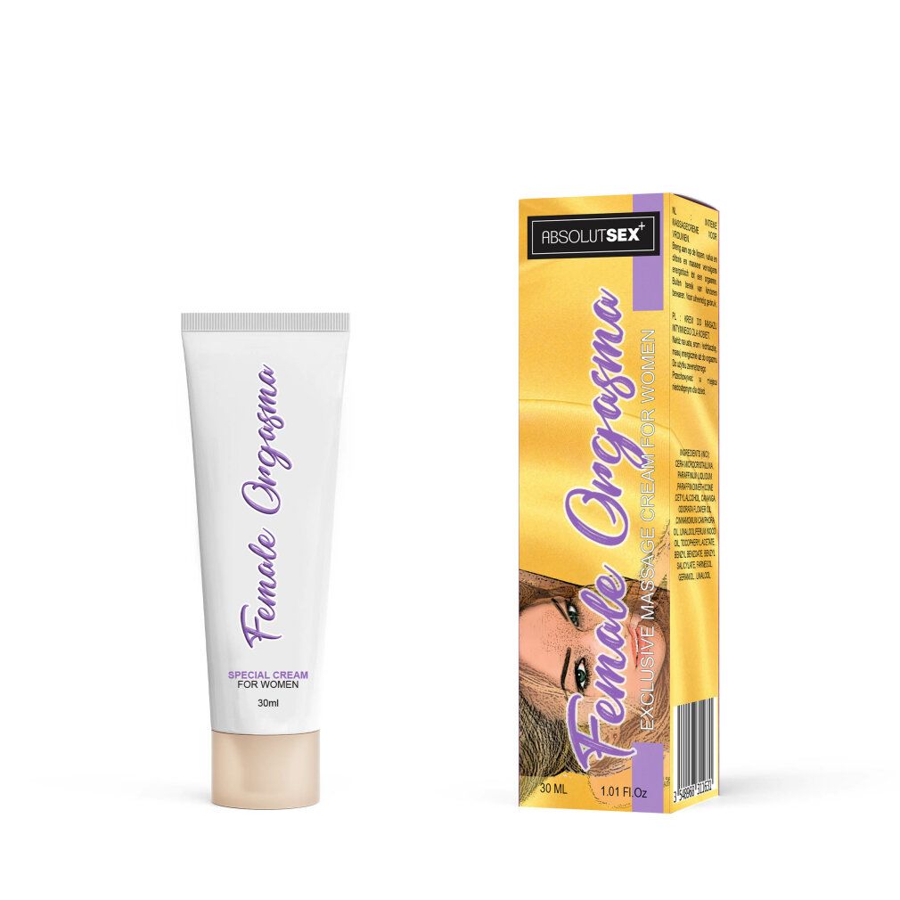 Tube und Verpackung für 'Female Orgasm' Creme, 30ml, mit Frauenporträt und Markenschriftzug.