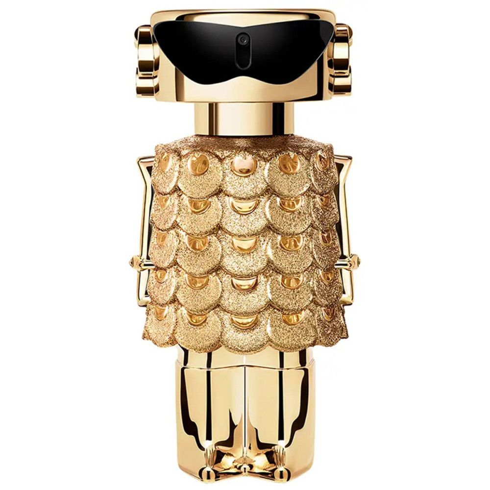 Goldfarbener Flakon in Roboterform. Schwarze Sonnenbrille, goldene Schuppen. Ohne Verpackung.