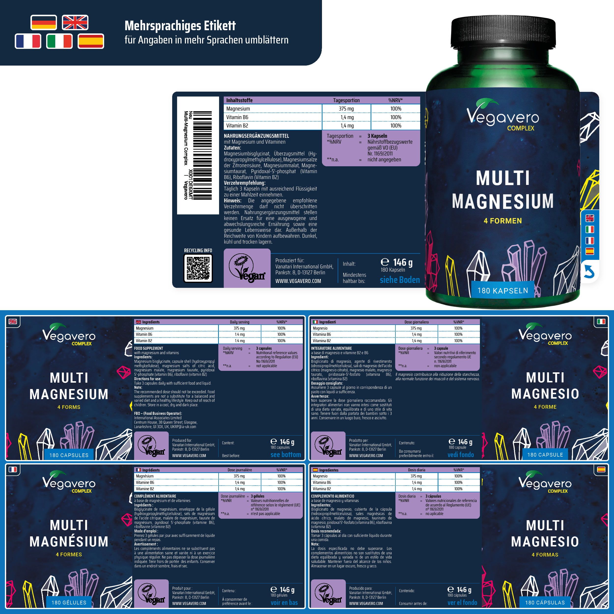 Mehrsprachiges Etikett mit Informationen. Vegavaro Multi Magnesium Complex Flasche und 4 Etiketten mit Inhaltsangaben.