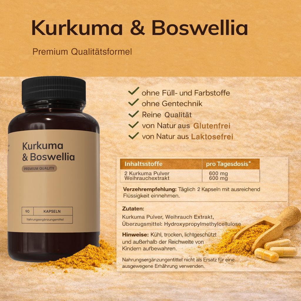 Braune Flasche mit Kapseln. Aufschrift: Kurkuma & Boswellia. Daneben eine Tabelle mit Inhaltsstoffen und Verzehrempfehlung.