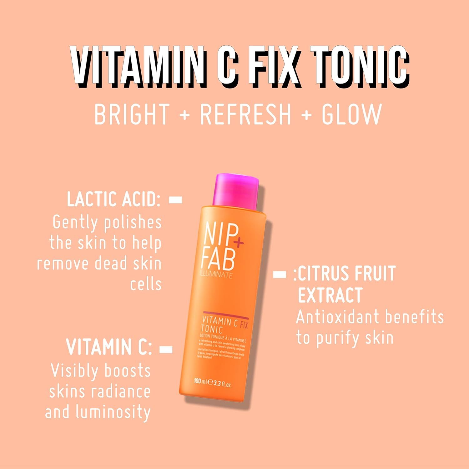 Produktflasche mit Text und Inhaltsstoffangaben. Text: Vitamin C Fix Tonic, Lactic Acid, Vitamin C, Citrus Fruit Extract.