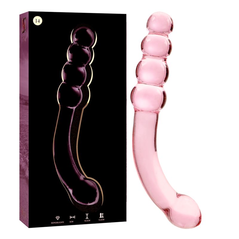 Produktverpackung. Schwarzer Karton mit rosa Dildo aus Borosilikatglas. Produktabbildung und Text. Modell 14.