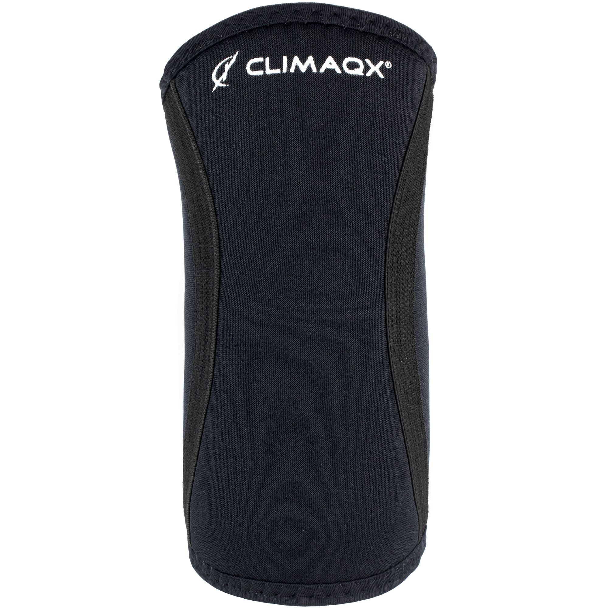 Schwarze CLIMAQX Kniebandage. Elastisches Material mit Logo. Vertikale Nähte und schwarze Bänder.