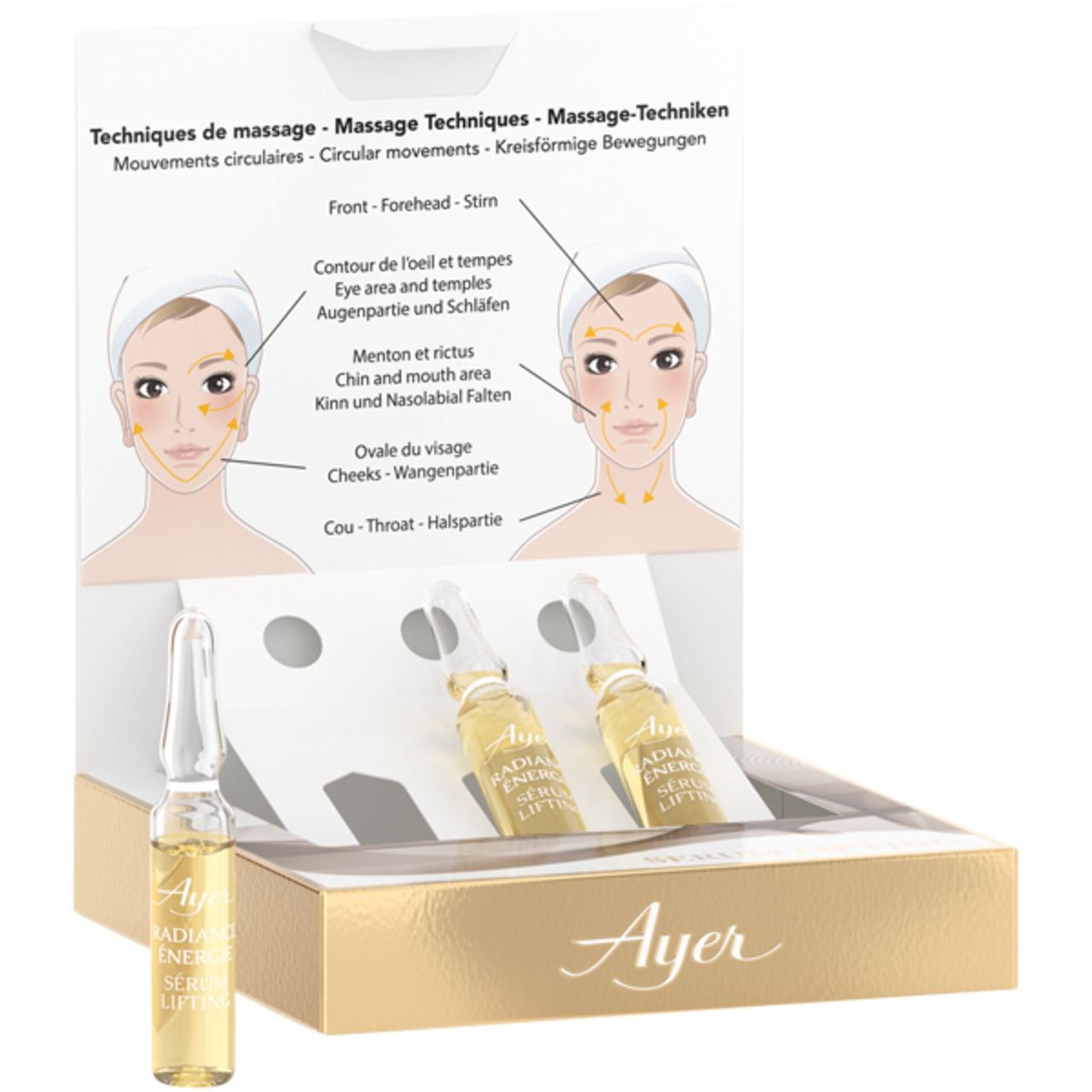 Verpackung mit drei Ampullen Ayer Radiance Energy Lifting Serum. Eine Ampulle steht heraus. Goldfarbene Verpackung.