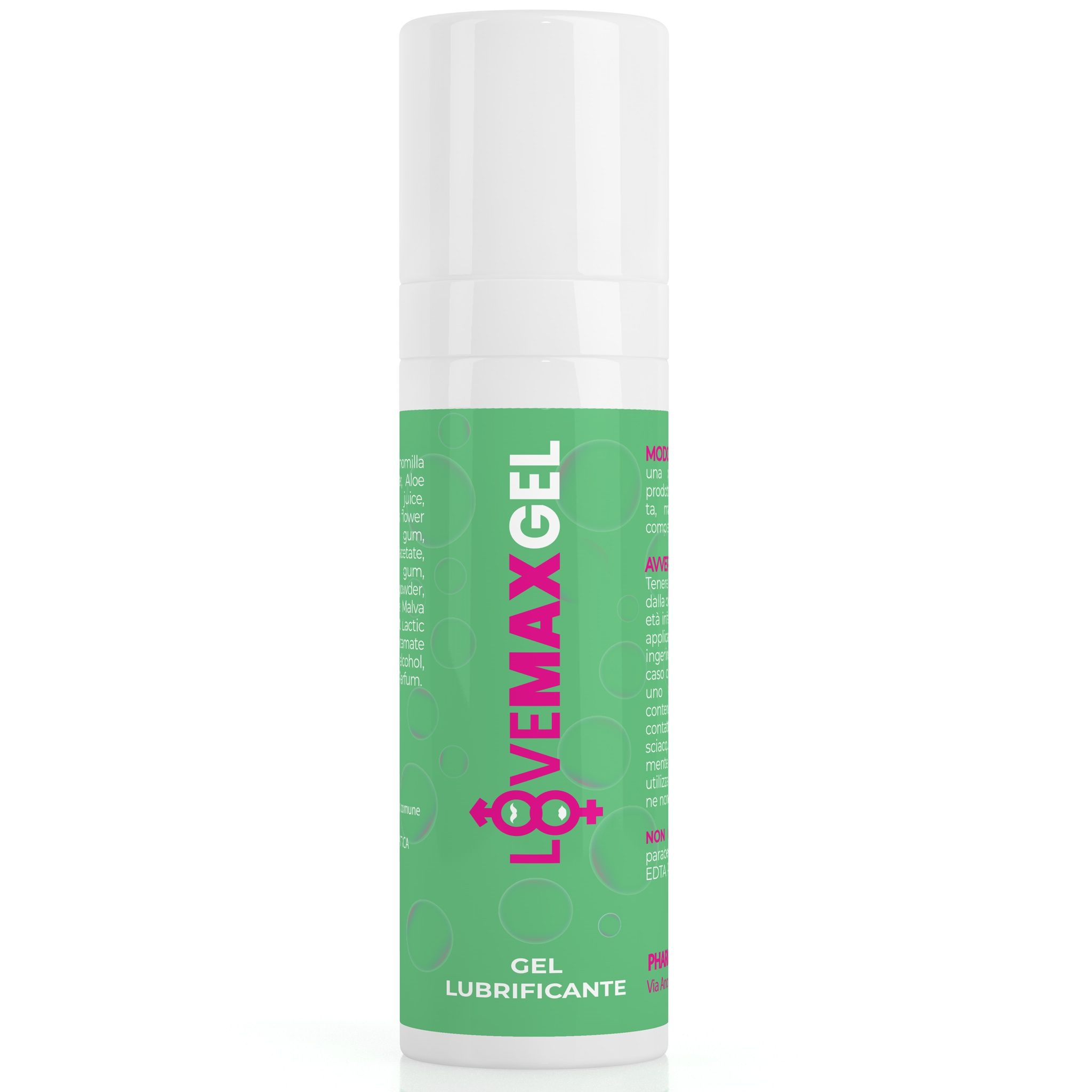 Zylindrische Flasche mit weißem Deckel. Grün bedruckt mit Produktnamen LOVEMAX GEL und Text in italienischer Sprache.