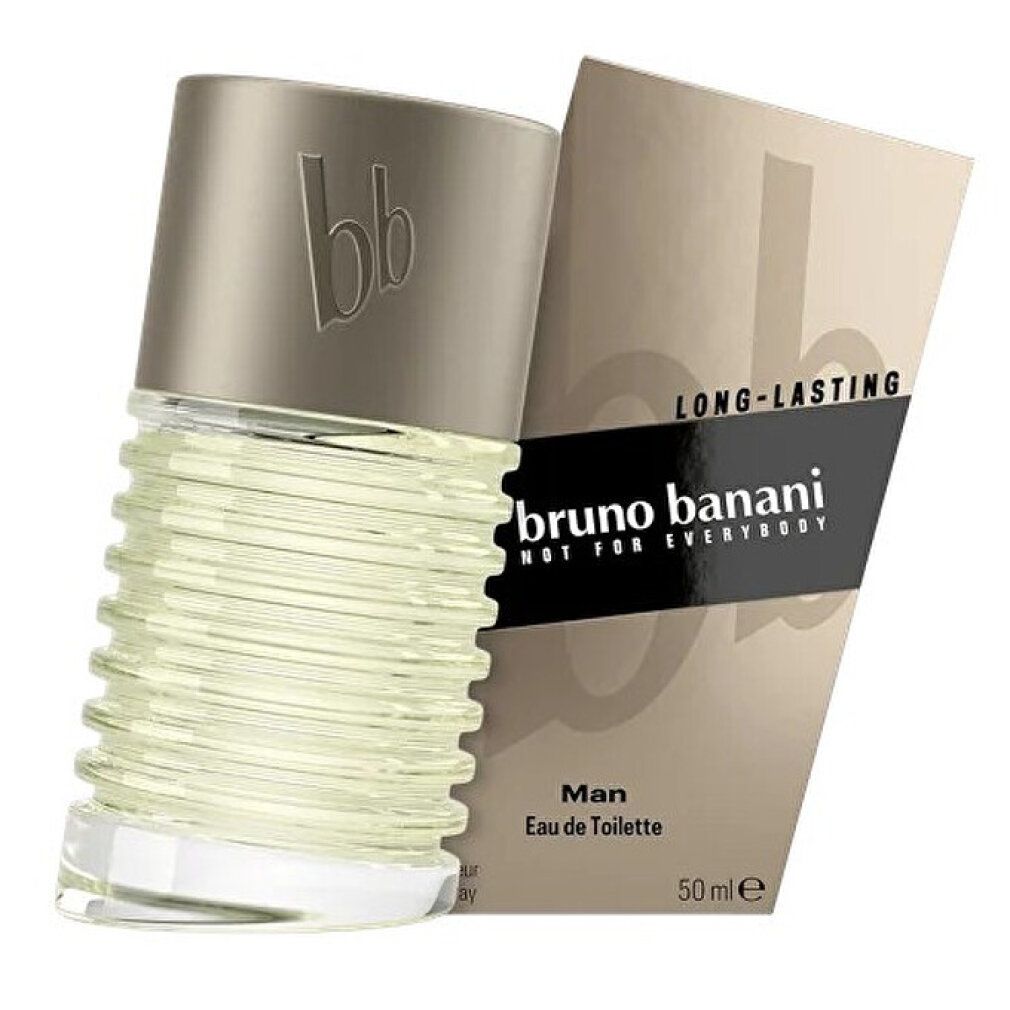 Bruno Banani Man Eau de Toilette 50ml Flakon und goldene Verpackung mit schwarzem Streifen.