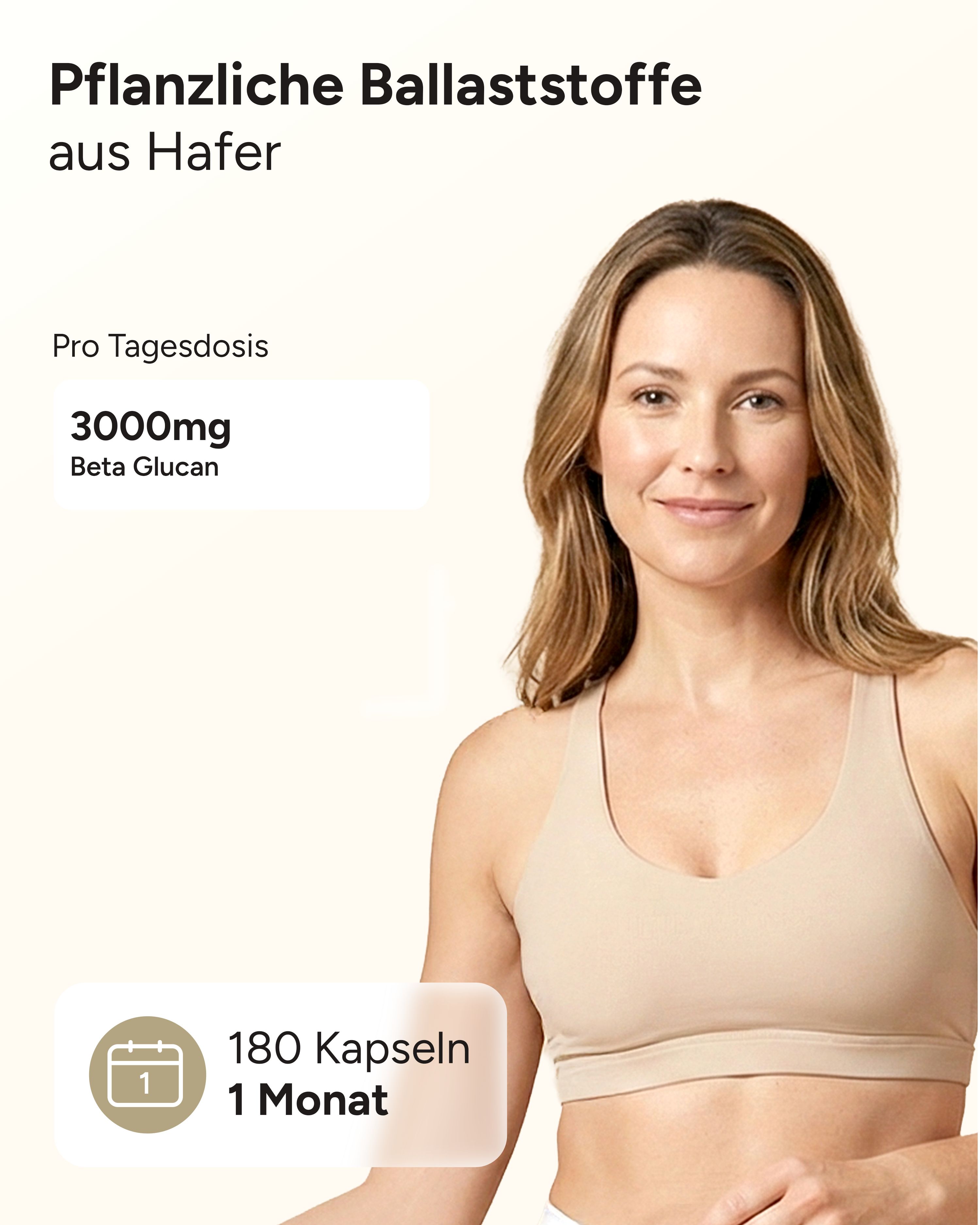 Frau in Sport-BH. Text: 3000mg Beta Glucan, 180 Kapseln, 1 Monat.