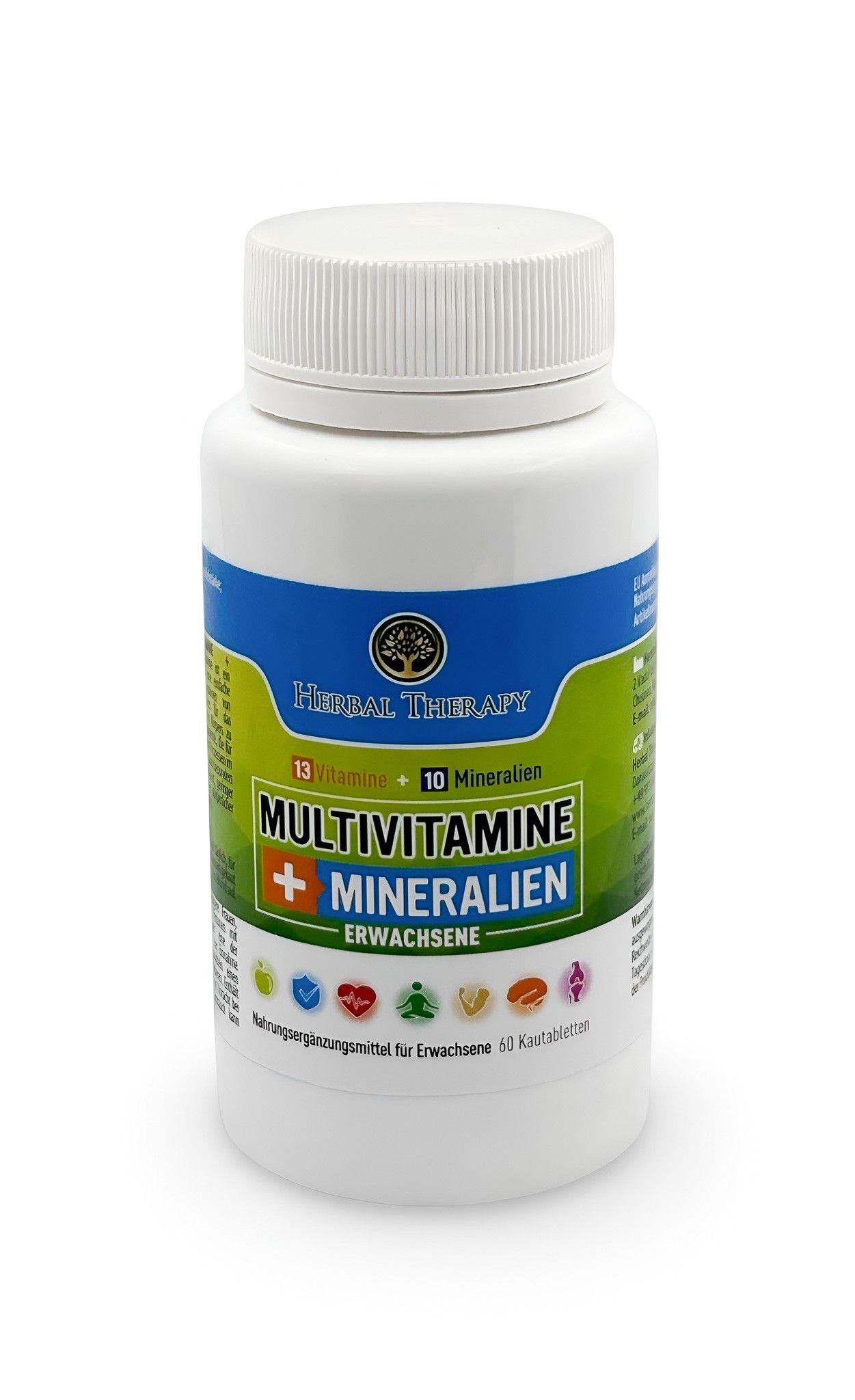 Weiße Flasche mit Schraubverschluss. Aufschrift: Herbal Therapy, Multivitamine + Mineralien Erwachsene. 60 Kautabletten.