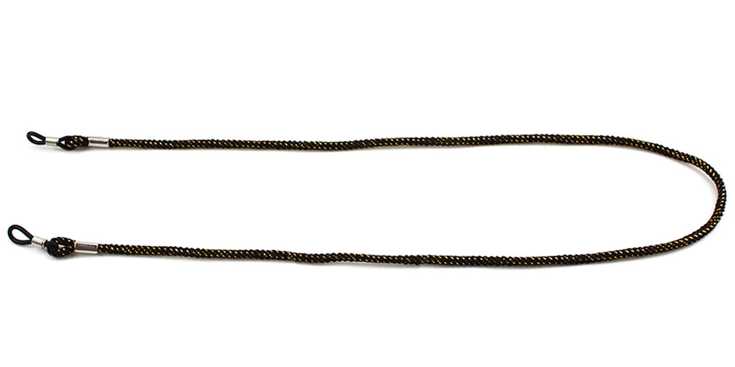 Brillenband, geflochten, schwarz-goldfarben. Mit Schlaufen zur Befestigung an Brillenbügeln. Metall-Details.