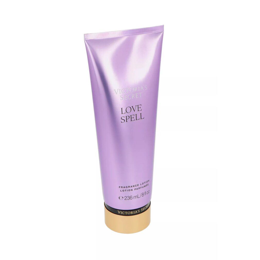 Victoria's Secret Love Spell Duftlotion, lila Tube, goldener Schraubverschluss.