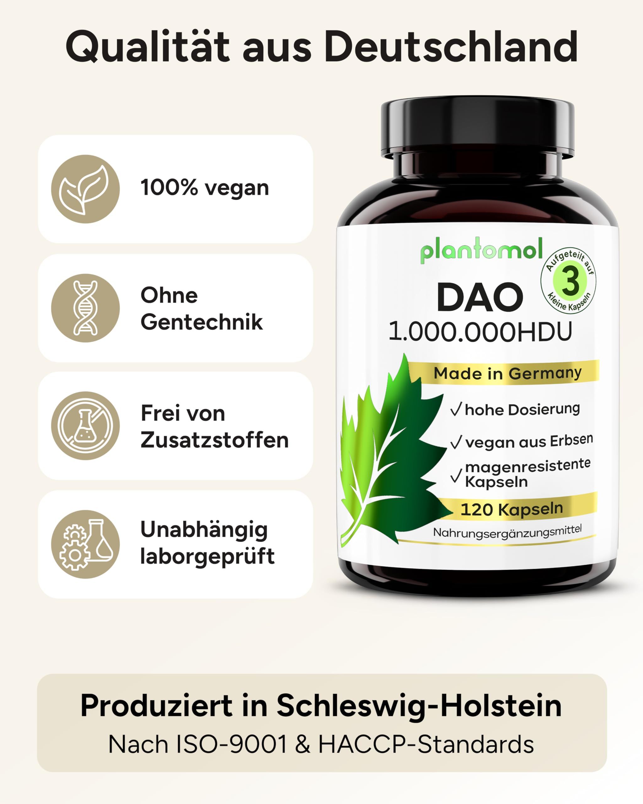 Flasche. Text: plantomol DAO, 1.000.000 HDU, 120 Kapseln, vegan, Made in Germany.