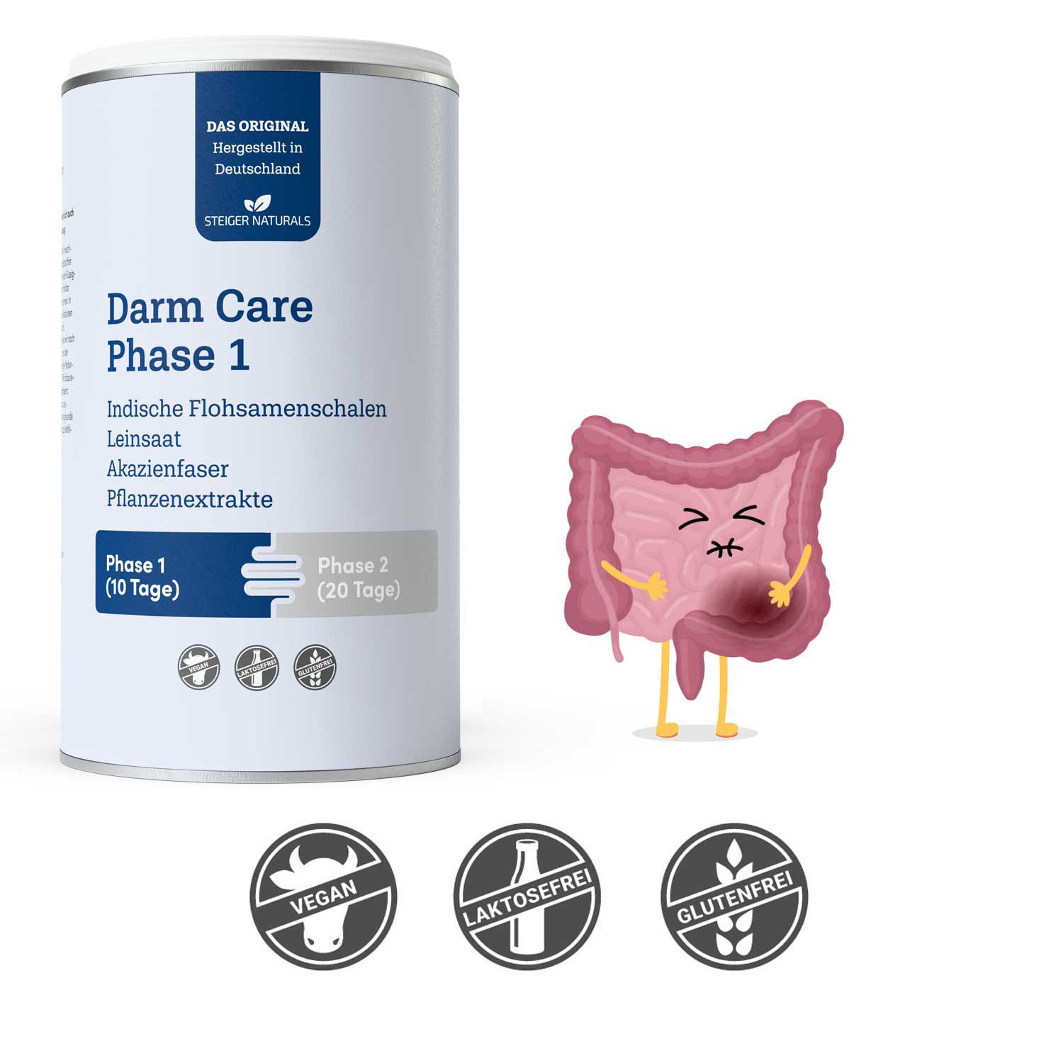 Dose mit Aufschrift Darm Care Phase 1. Vegan, laktosefrei und glutenfrei. Abbildung eines Darms mit Schmerzen.