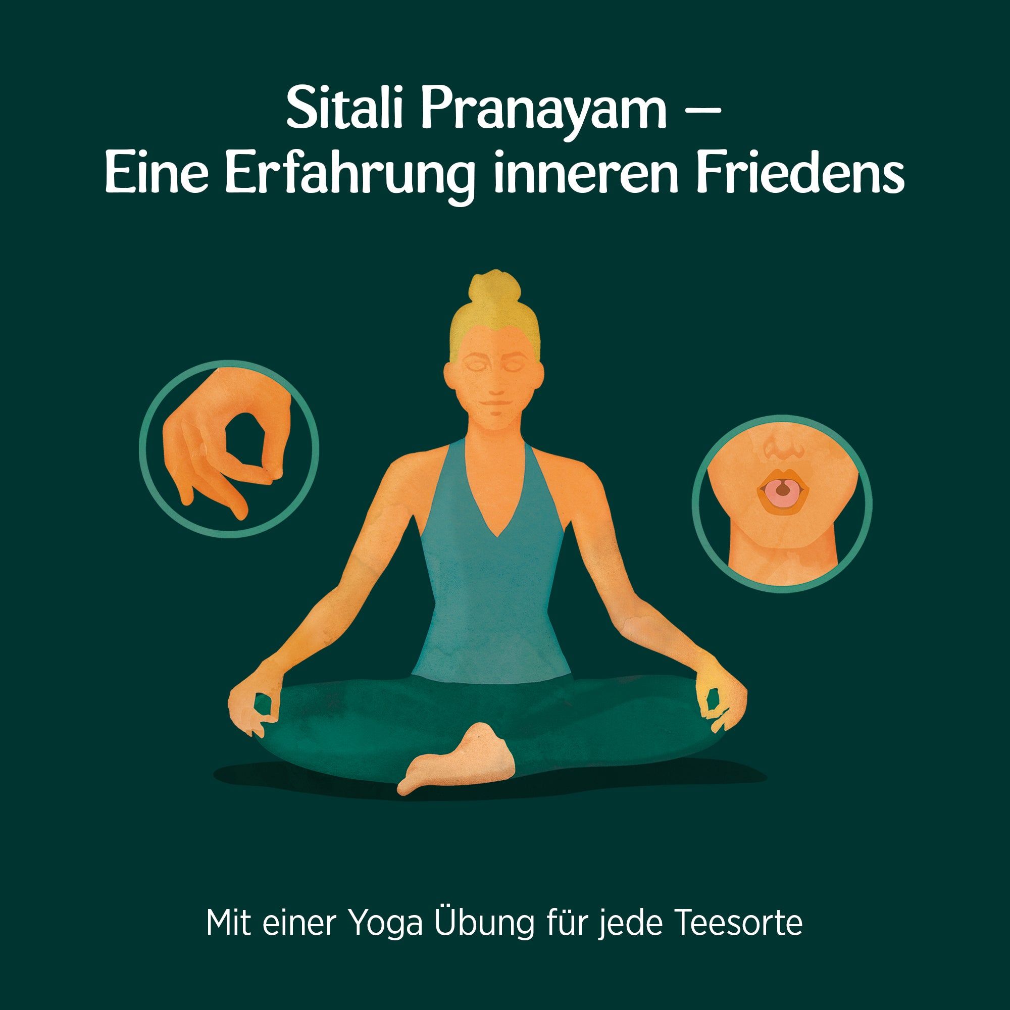 Illustration einer Person in Yoga-Position. Kreisförmige Illustrationen von Händen und einem Mund. Text: Sitali Pranayam.