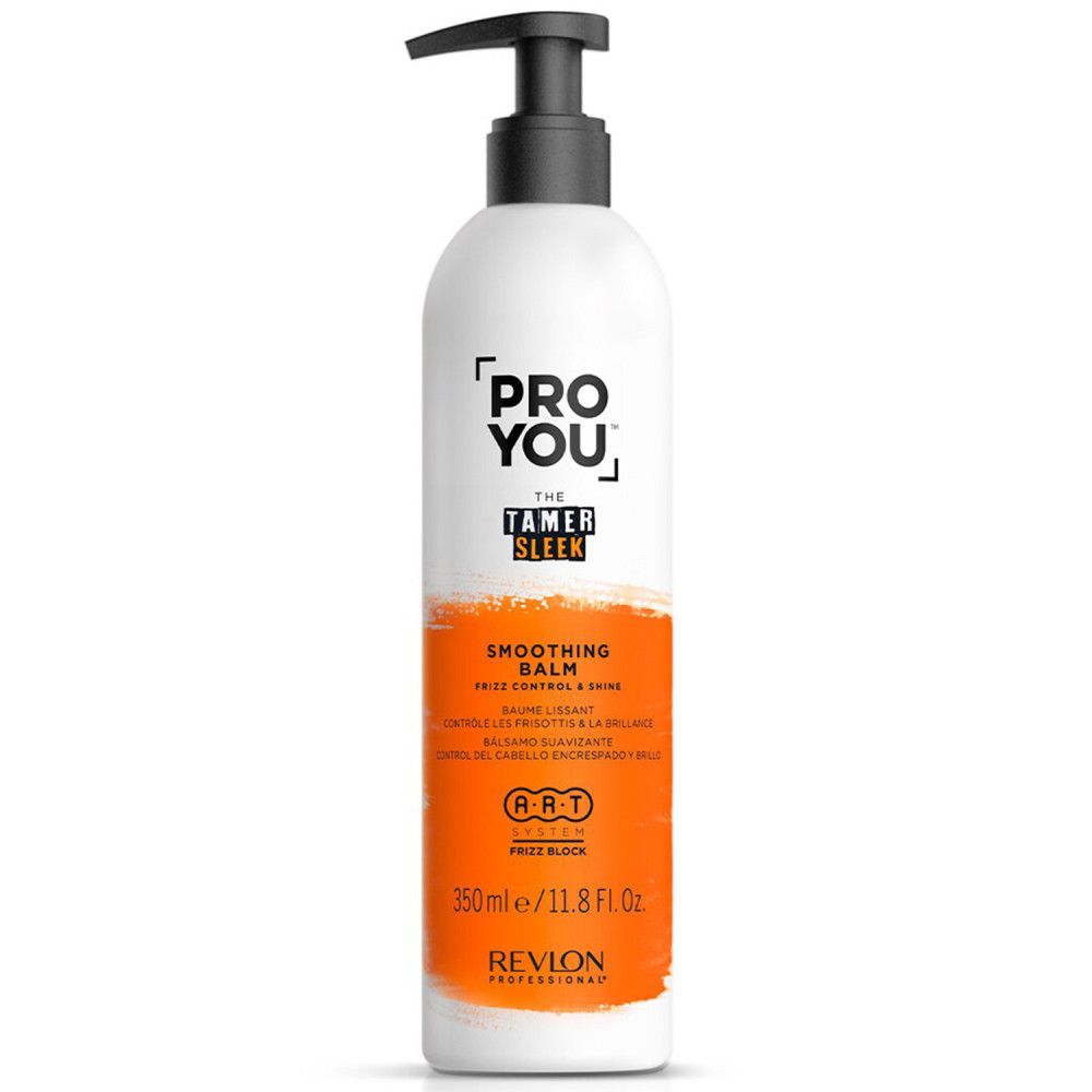 Weiße Flasche mit schwarzem Pumpkopf. Orangefarbener Streifen mit Text. "PRO YOU", "The Tamer Sleek", "Smoothing Balm", "Revlon Professional".