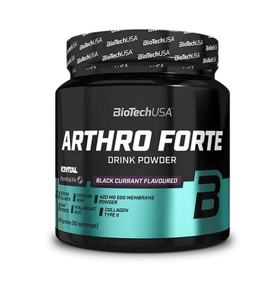 Schwarze Dose mit "ARTHRO FORTE" und "BioTechUSA" Aufschrift. Türkisfarbener Streifen mit Produktinformationen. Deckel mit Logo.