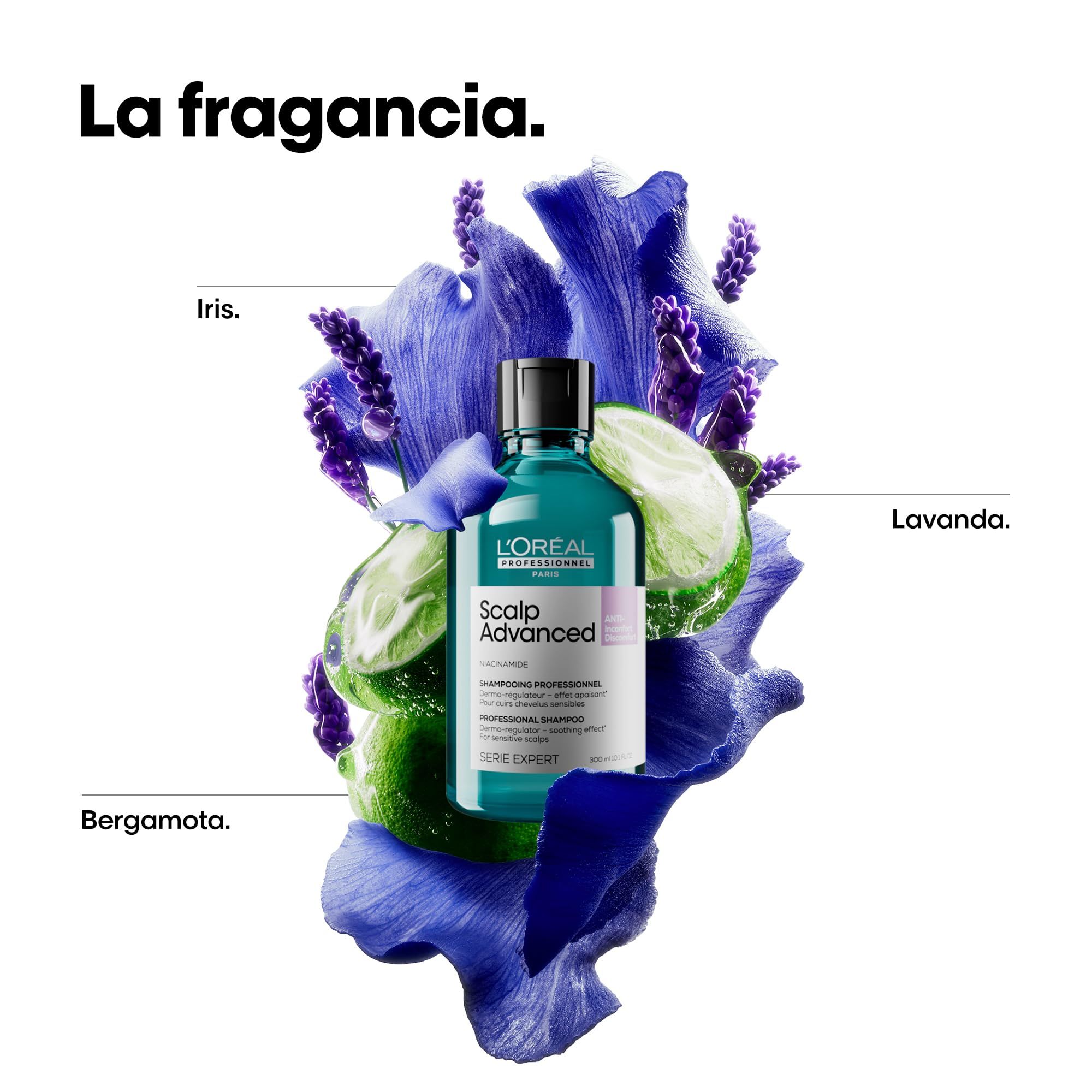 Türkisgrüne Flasche mit schwarzem Deckel, umgeben von lila Blüten und grünen Blättern. Text: L'Oréal Professionnel Scalp Advanced.