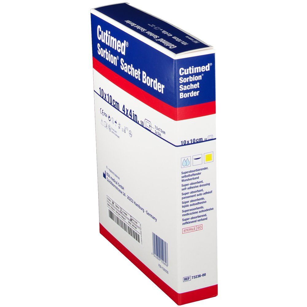 Schräg gestellte Verpackung von Cutimed Sorbion Sachet Border, 10x10cm. Aufschrift: Superabsorbierend, selbsthaftend. BSN medical Logo.