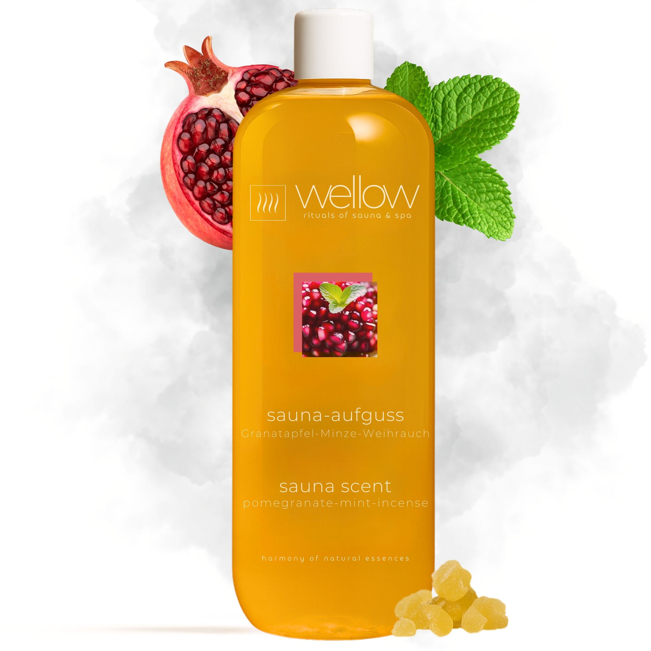 Gelbe Flasche mit Wellow-Logo, Granatapfel, Minze und Weihrauch-Aufschrift. Sauna-Duft, Granatapfel-Minze-Weihrauch.