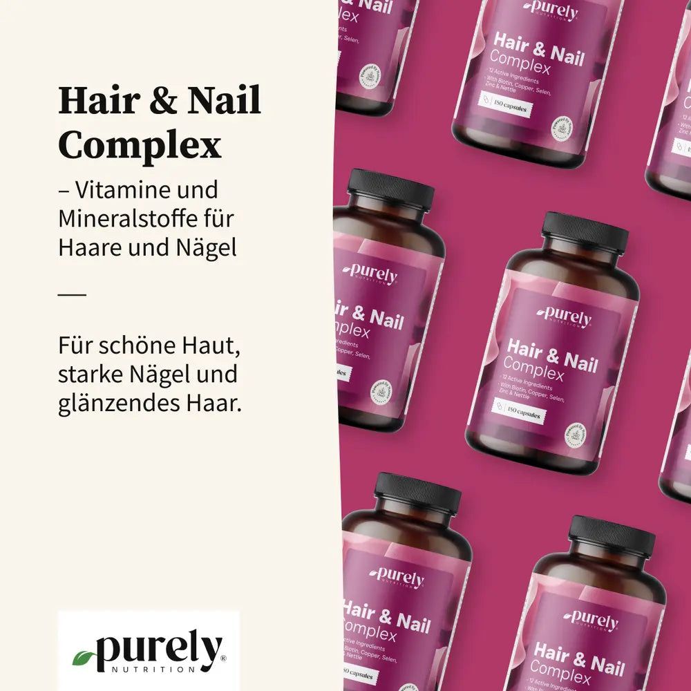 Flaschen des 'Hair & Nail Complex' mit Vitaminen und Mineralstoffen für Haare und Nägel.
