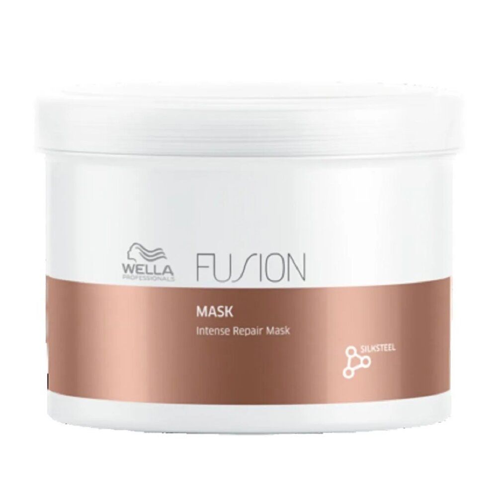 Weißer Tiegel mit braunem Band. Aufschrift: WELLA FUSION, MASK, Intense Repair Mask. Logo und SILKSTEEL.