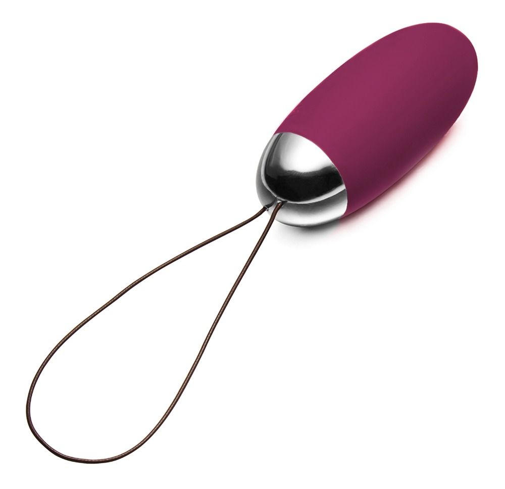 Lila Vibrator mit silbernem Kopf und Schlaufe. Ovale Form.
