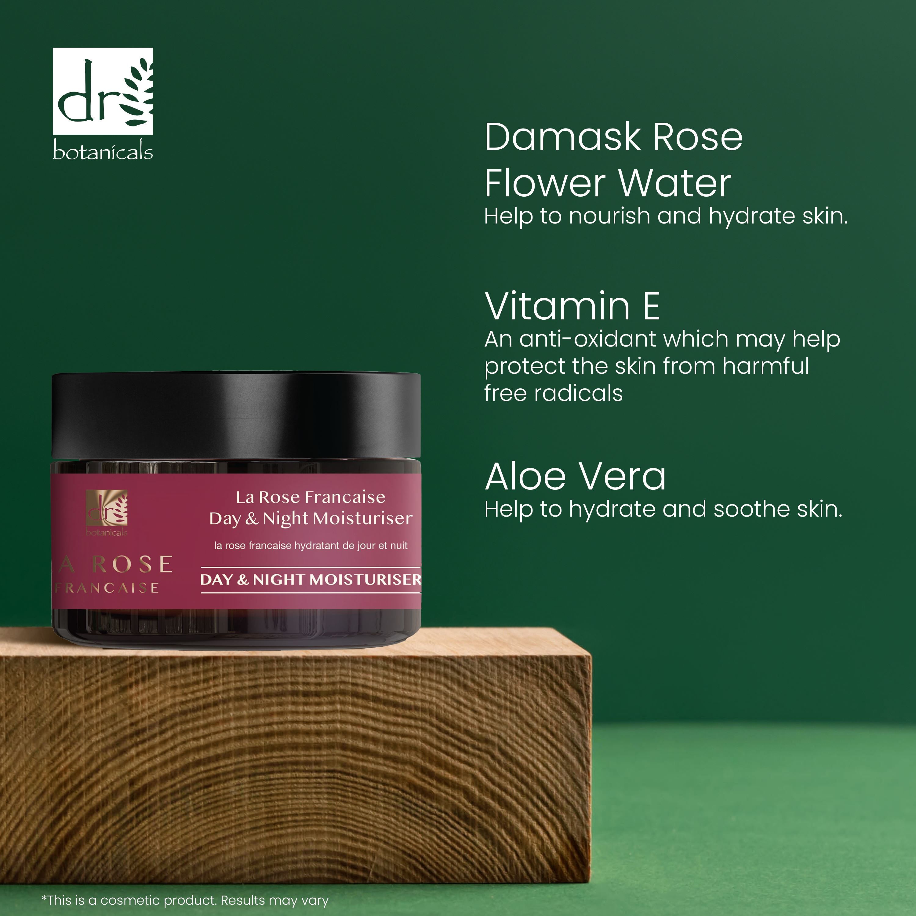 Dr. Botanicals Feuchtigkeitscreme mit Damaszener-Rosenwasser, Vitamin E, Aloe Vera.