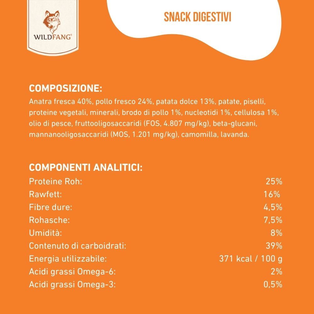 Zutatenliste und analytische Bestandteile für getreidefreie Hundesnacks.