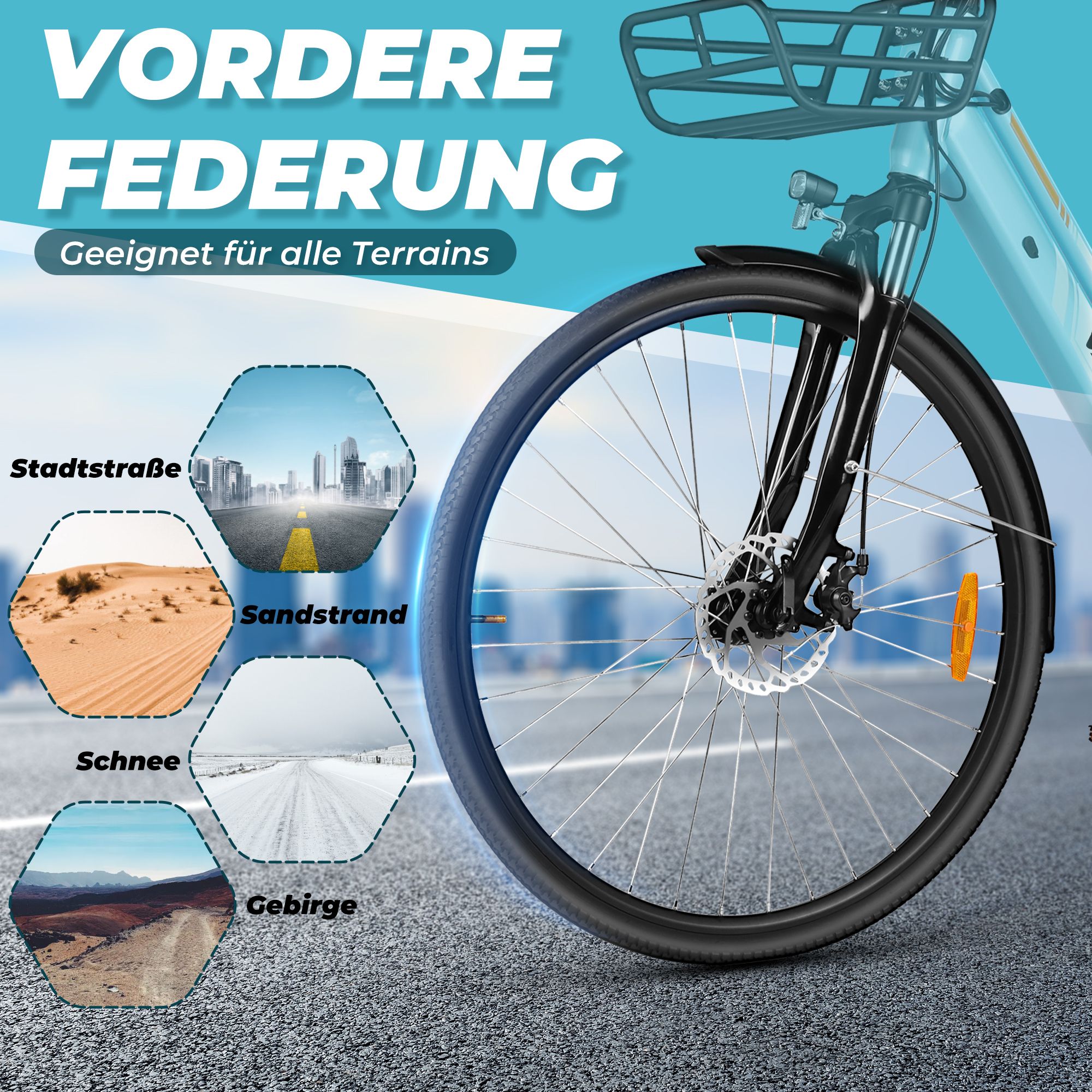 Hellblaues E-Bike-Vorderrad mit schwarzem Reifen. Text: Geeignet für alle Terrains. Grafiken: Stadtstraße, Sandstrand, Schnee, Gebirge.