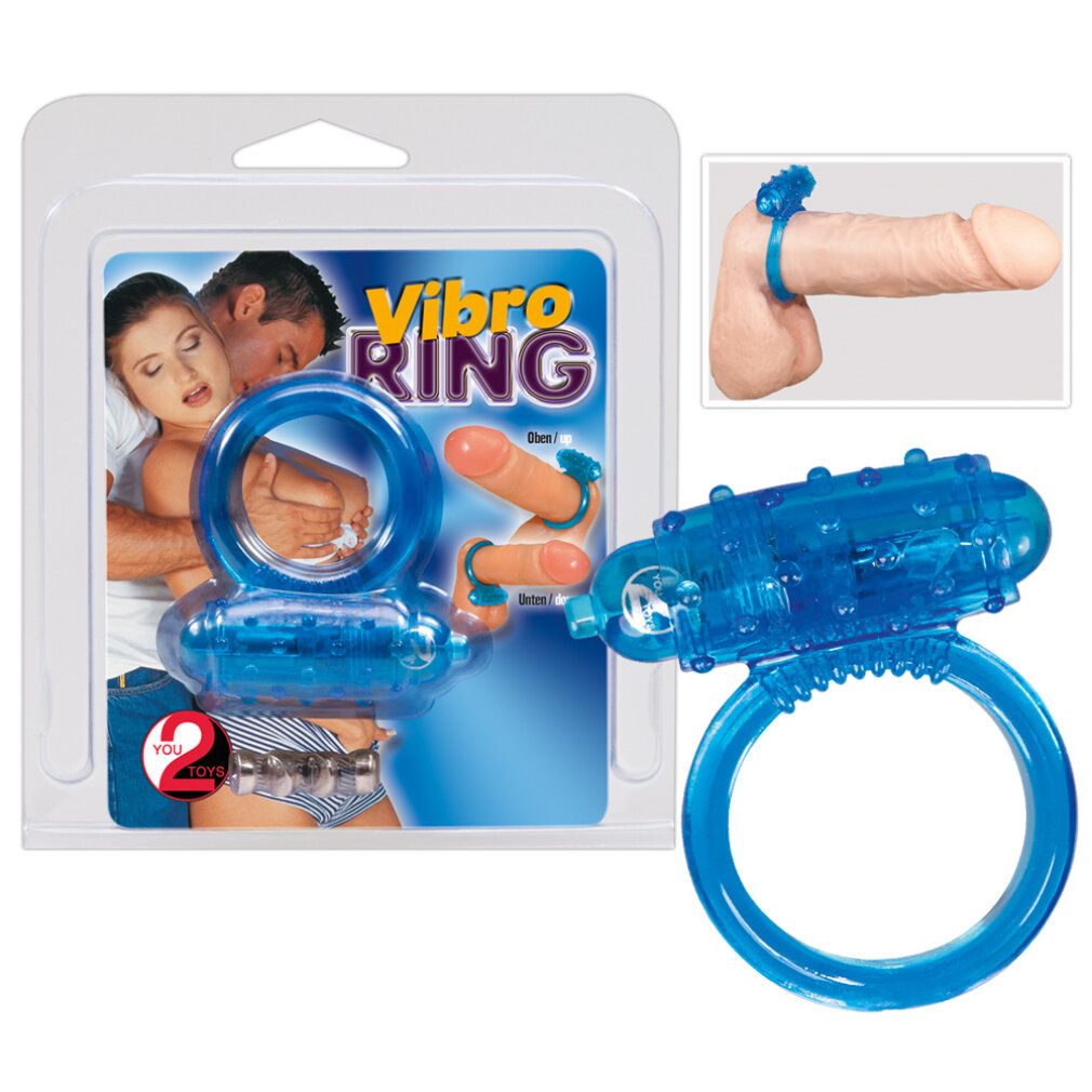 Blauer Penisring mit Vibrationsfunktion in Blisterverpackung. Aufdruck: Vibro Ring, You2Toys. Abbildung mit Penis.