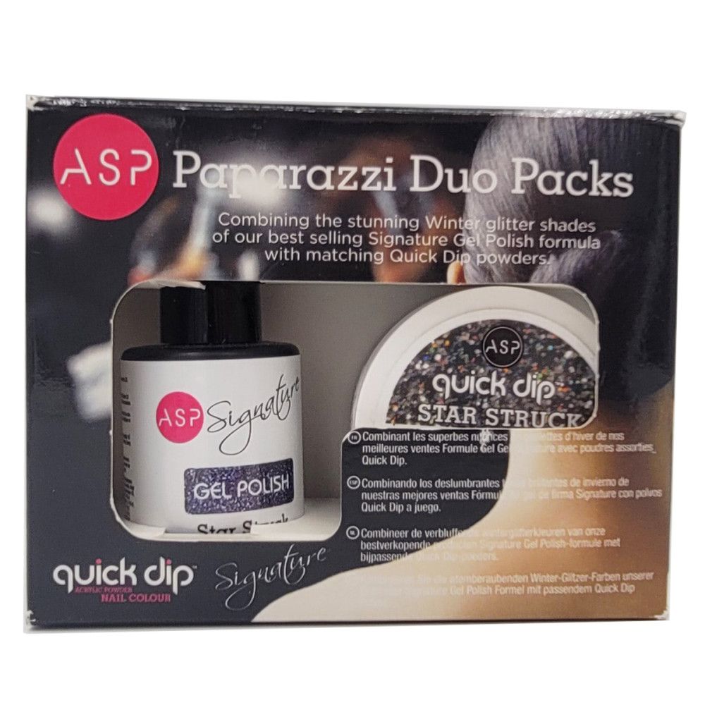 Verpackung mit Gel-Nagellack und Nagelpulver. Auf der Verpackung steht ASP Paparazzi Duo Packs.
