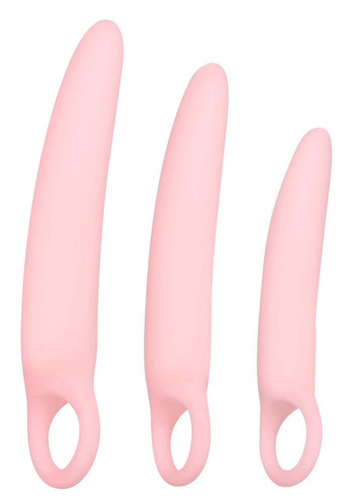 Drei rosa Vaginaltrainer. Längliche Form mit Ring am Ende. Unterschiedliche Größen.
