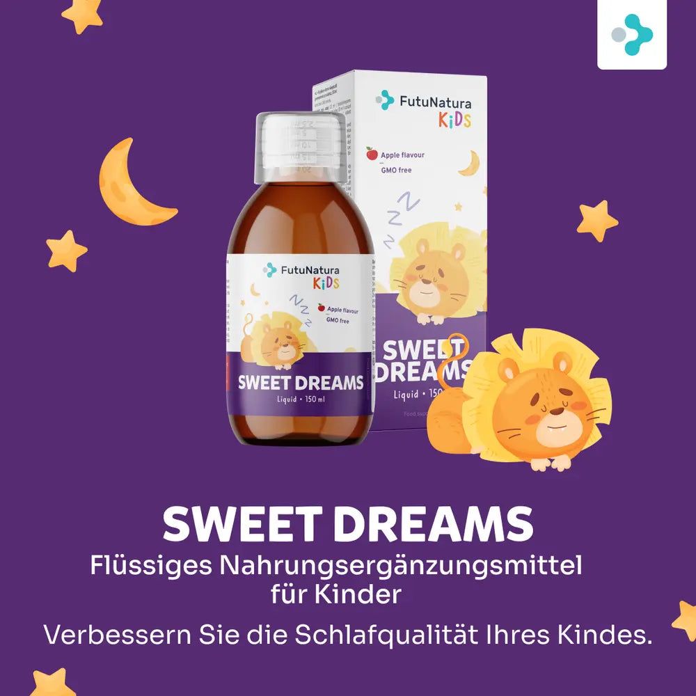 Flasche und Schachtel Sweet Dreams. FutuNatura Kids. Text: Flüssiges Nahrungsergänzungsmittel für Kinder. Schlafqualität.