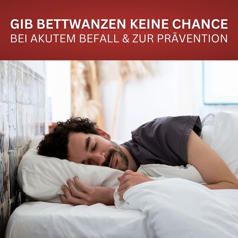 Mann schläft in Bett. Text: Gib Bettwanzen keine Chance bei akutem Befall & zur Prävention.