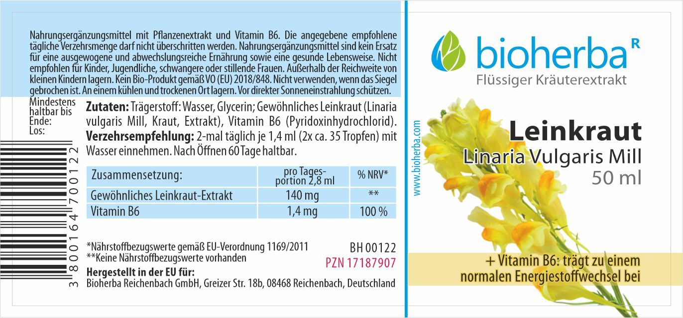 Etikett mit Produktinformationen: Bioherba Leinkraut, Linaria vulgaris Mill, 50 ml. Enthält Vitamin B6. Text in deutscher Sprache.