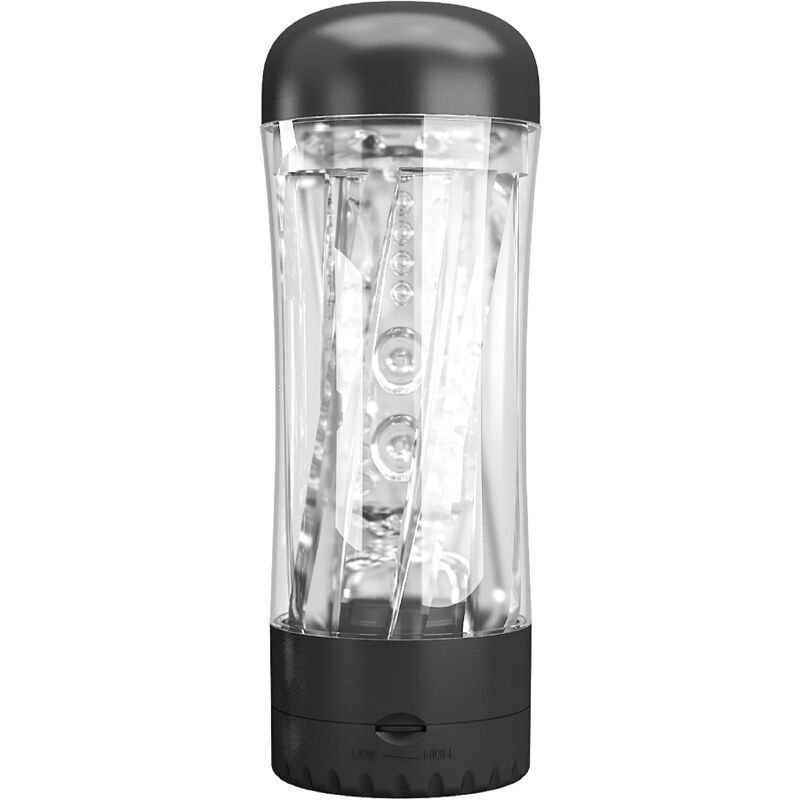 Zylindrisches Gerät mit transparentem Gehäuse und schwarzem Sockel. Innenstruktur sichtbar. Oberteil abgerundet.