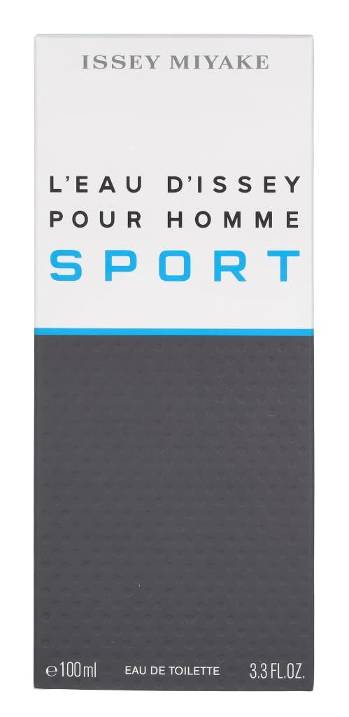 Verpackung Issey Miyake L'Eau d'Issey pour Homme Sport. Weiß mit grauer und blauer Schrift. SPORT.