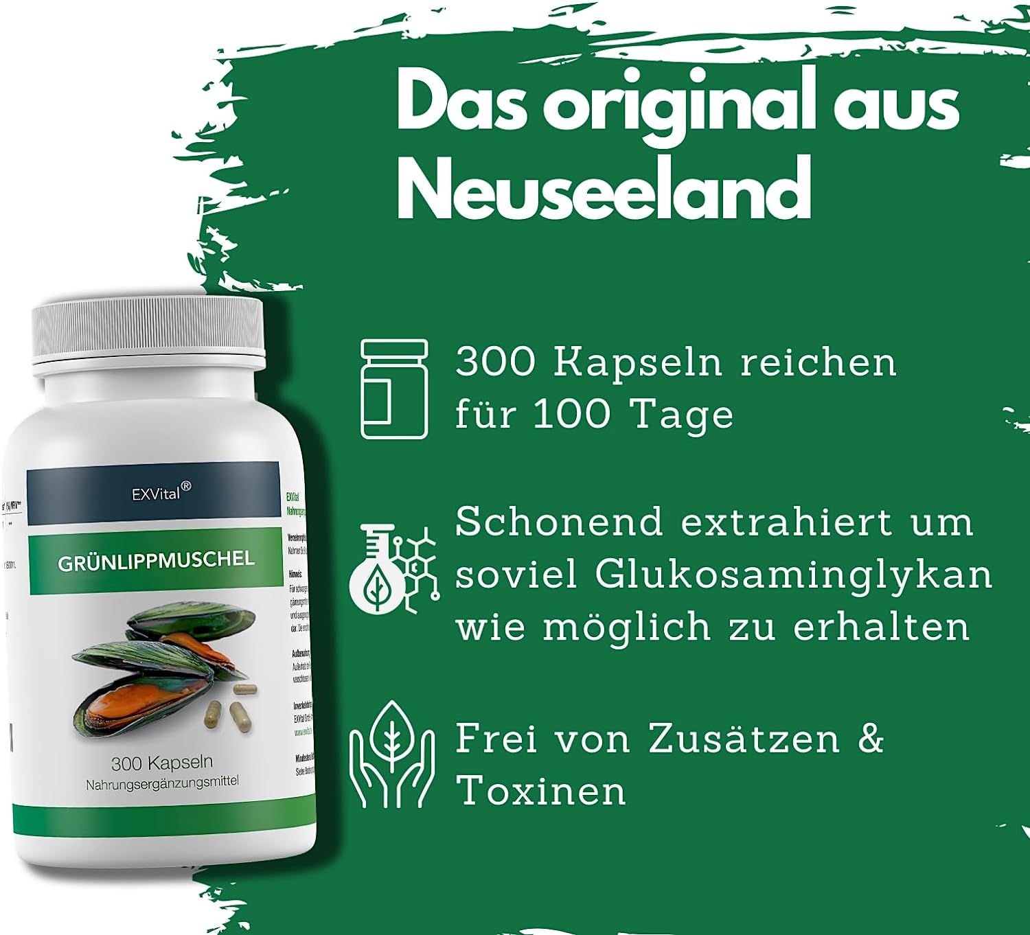 EXVital Grünlippmuschel Kapseln: 300 Kapseln für 100 Tage, schonend extrahiert, frei von Zusätzen.