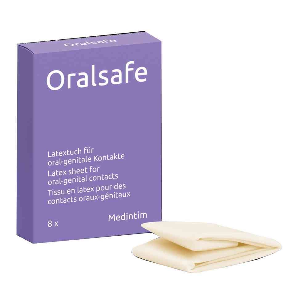 Oralsafe-Verpackung, lila, mit Text. Enthält Latex-Tücher für oral-genitale Kontakte. Marke Medintim. 8 Stück.