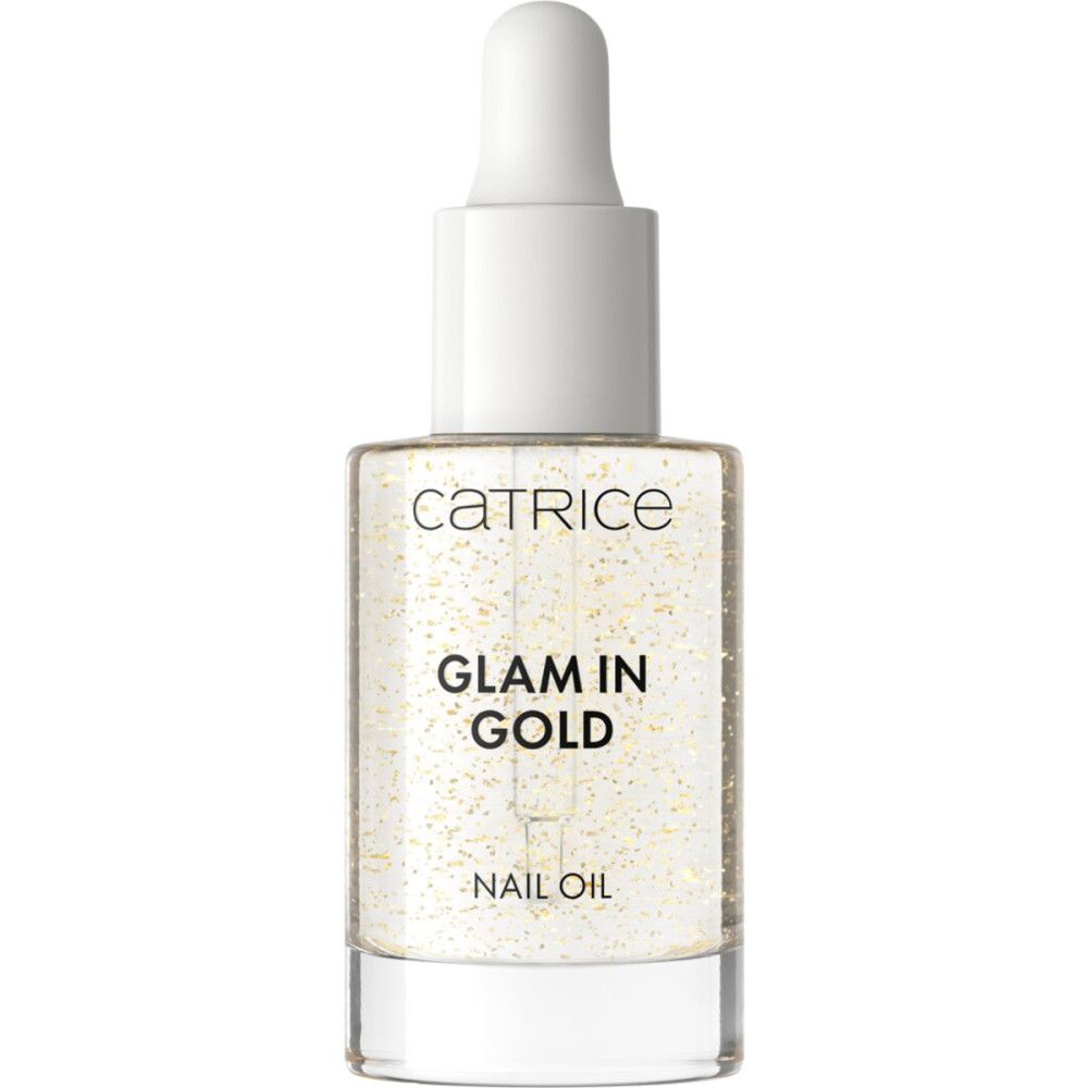Catrice Glam in Gold Nagelöl in Glasflasche mit Pipette. Klare Flüssigkeit mit goldenen Glitzerpartikeln.