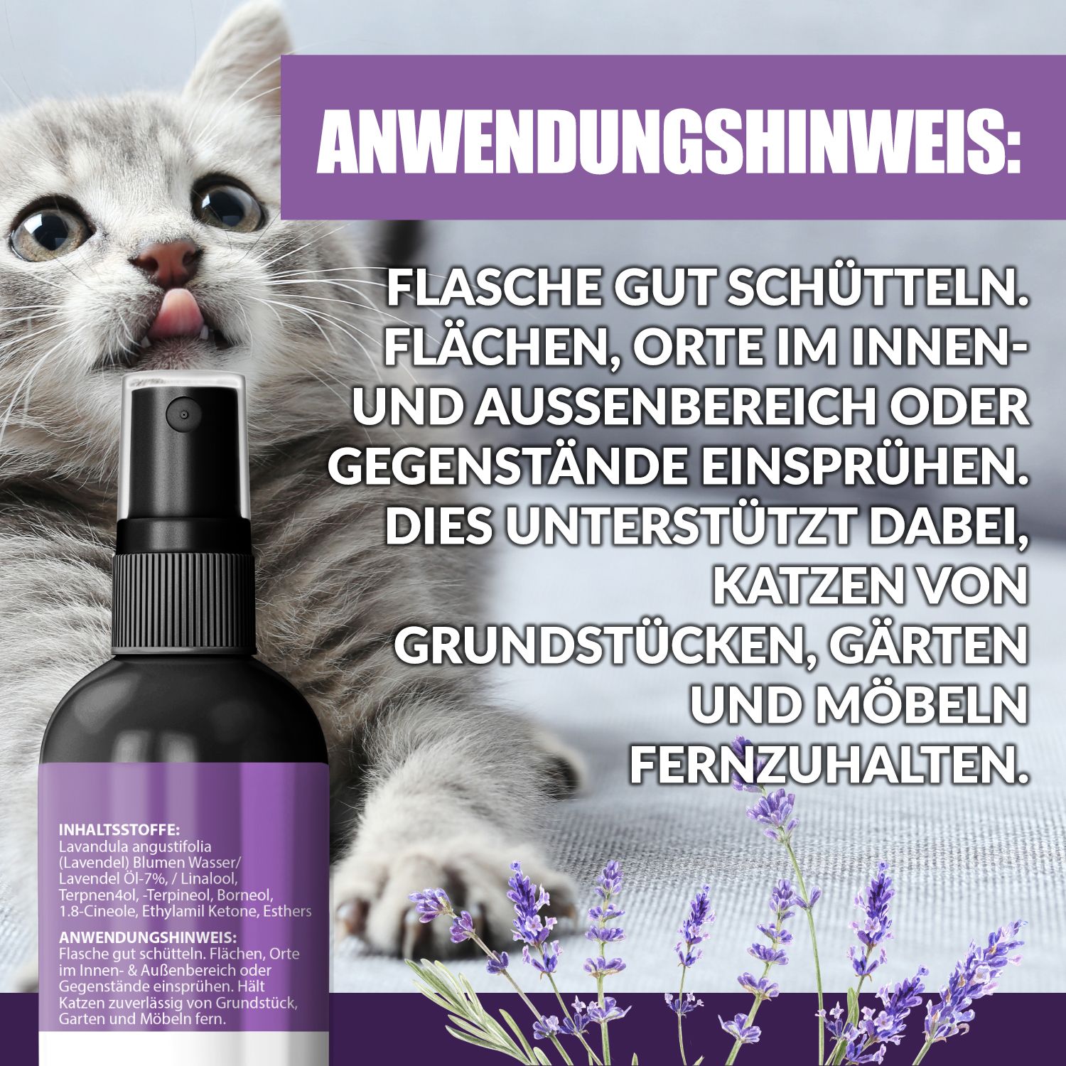 Produktabbildung mit Kätzchen. Flasche mit lila Etikett. Anwendungshinweis: Flächen einsprühen. Hilft Katzen fernzuhalten.