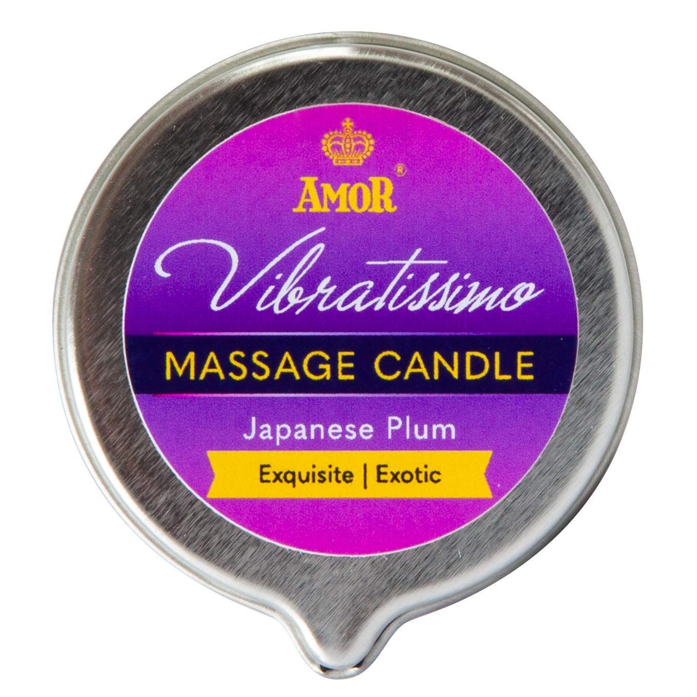 Deckel einer Massagekerze mit Etikett: Vibratissimo Japanese Plum.