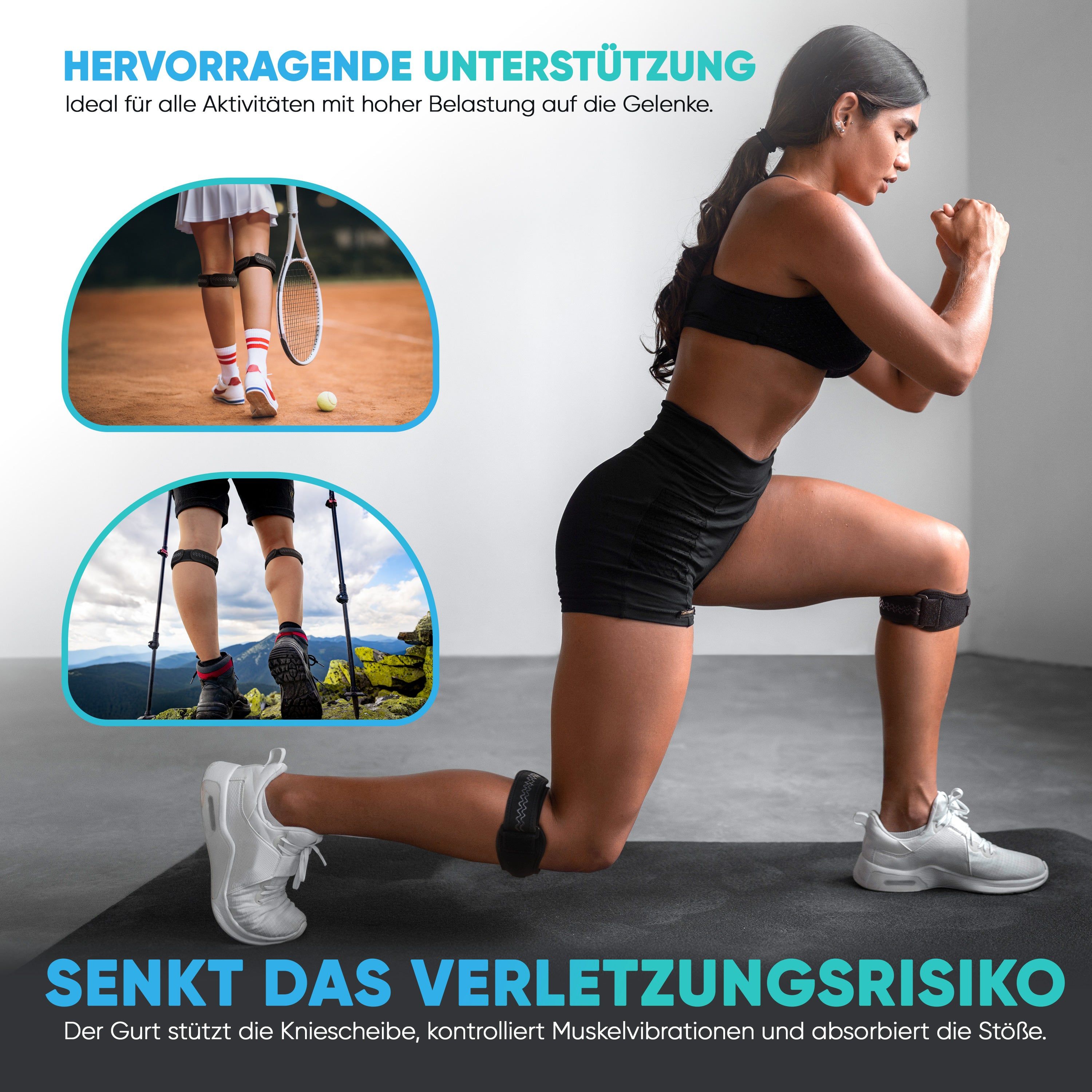 Frau beim Sport mit Kniebandage. Insets: Tennis, Wandern. Text: Senkt Verletzungsrisiko. Bandage stützt Kniescheibe.