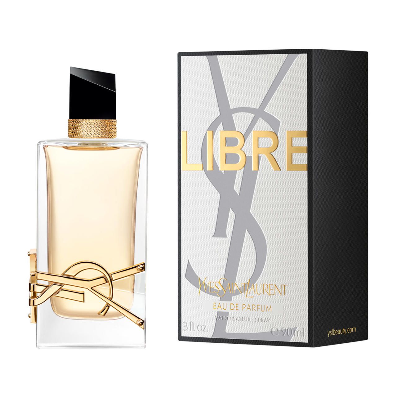 Yves Saint Laurent Libre E.d.P. Vapo und Verpackung. Rechteckiger Flakon neben einer Schachtel mit Logo und Produktnamen.