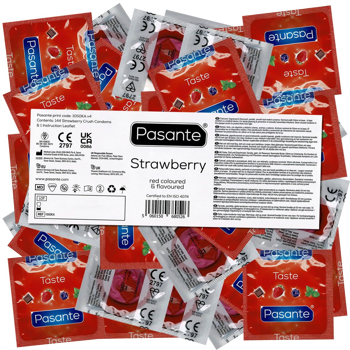 Kondome in roten Einzelverpackungen. Aufschrift: Pasante Strawberry. CE-Kennzeichnung. Beilage mit Produktinformationen.